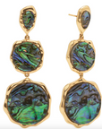 Gold earrings with green abalone shell stones on a white background