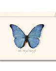 A notecard featuring a blue morpho butterfly design, with a stack of matching envelopes behind it.