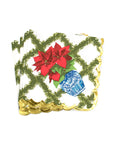 A pack of paper beverage napkins featuring a poinsettias flower design with gold scalloped edges and a blue and white patterned border.