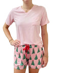 Pink Christmas Pajamas Short Set on a white background.