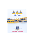 Set of beaded bracelets in blue and yellow with 'Tri Delta' logo on a white card.