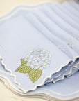 Light Blue Cloth Napkin with white scalloped edge border and floral hydrangea design