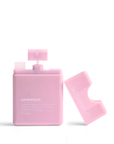 Pink bottle of Lavendula hand sanitizer on a white background