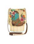 Beaded handbag with a cowboy boot design and floral elements on a white background
