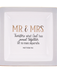 Decorative plate with 'Mr. & Mrs.' text and Bible verse on a white background