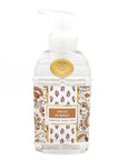 Foaming hand soap bottle with decorative label on a white background