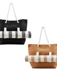 Two tote bags, one black and one beige, each with a striped pattern on the side and a white handle.