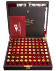 Collection of small bottles of fragrance in a wooden box with 'The Vine Savant' branding.
