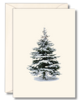 Notecard with a snowy pine tree design on a white background