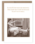 Vintage-style card with a woman sitting on an air conditioner, text about heat and going to hell, and a brown border.