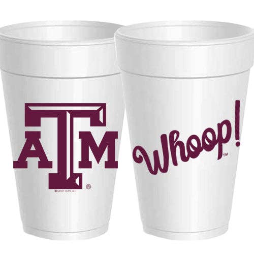 Two white styrofoam cups with Texas A&M and 'Whoo!' text on a white background