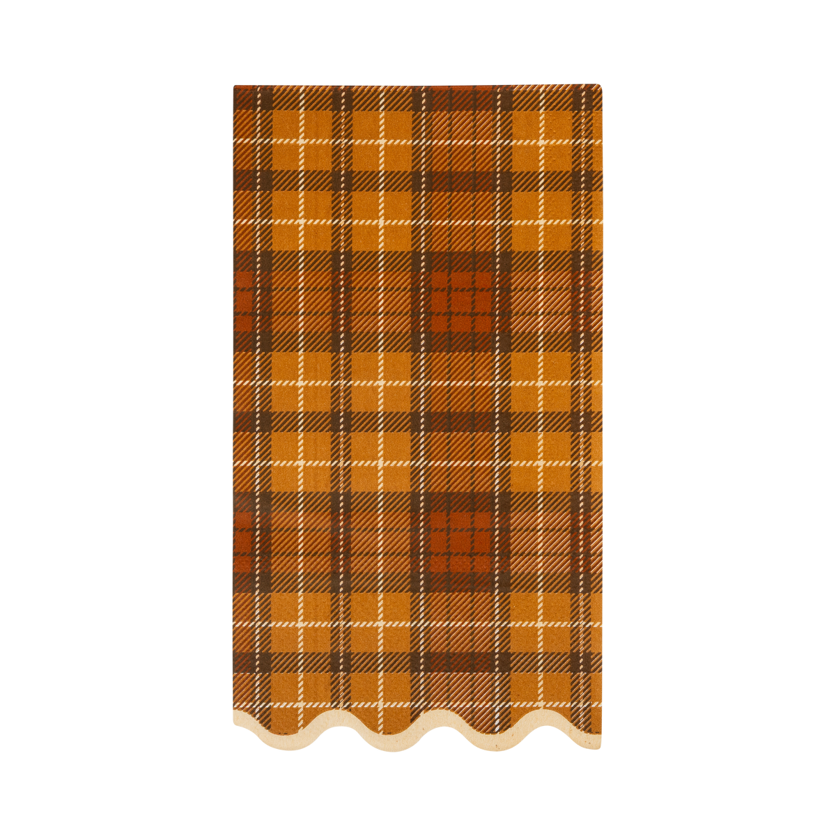 Plaid patterned fabric paper guest napkin with a scalloped edge on a white background