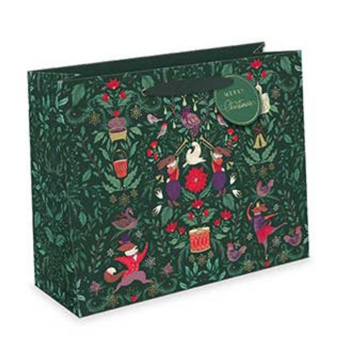 Green gift bag with floral and character design on a white background