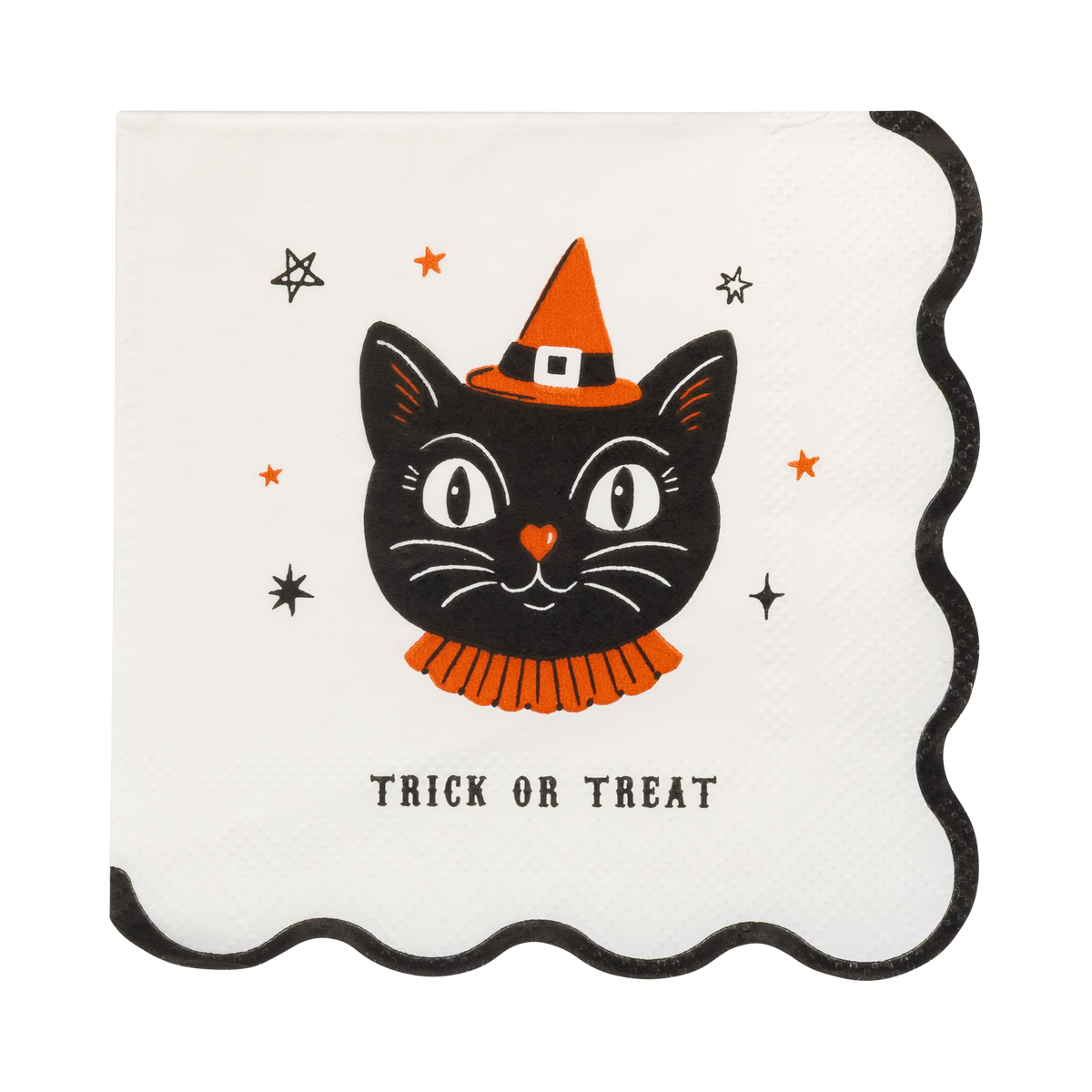 Halloween-themed card napkins with a black cat wearing a witch hat and scarf, and 'Trick or Treat' text on a white background.