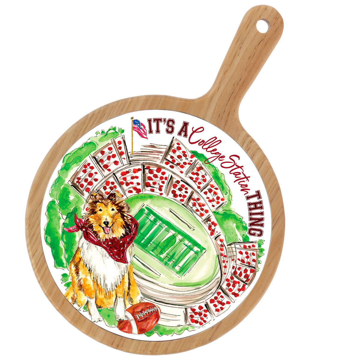 Decorative plate with a dog, football, and stadium illustration on a wooden handle.