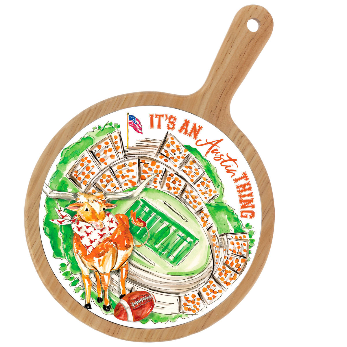 Decorative pizza stone with a wooden handle featuring a deer, football, and stadium illustration with 'It's an Austin Thing' text.