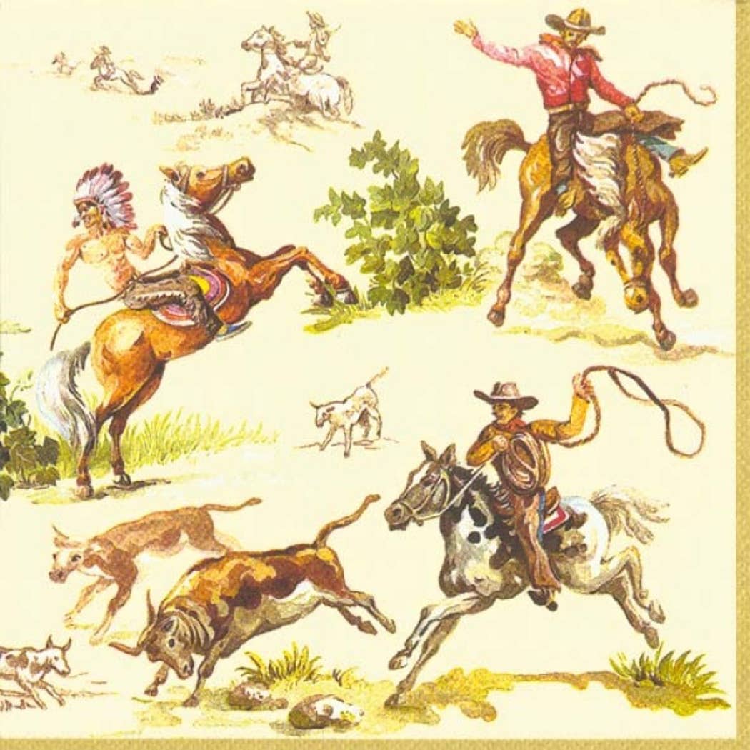 A set of paper cocktail napkins featuring a historical Western theme with illustrations of cowboys, horses, and a Native American character.