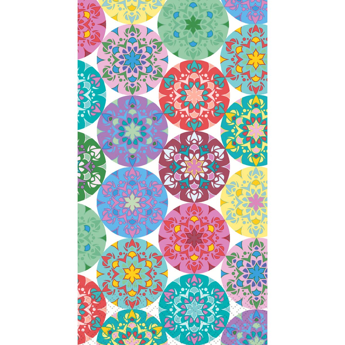 Colorful patterned napkin with geometric designs on a white background 