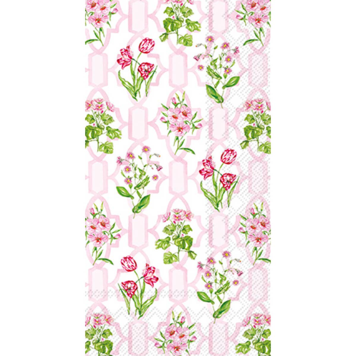 Floral pattern with pink tulips and green leaves on a white background napkin
