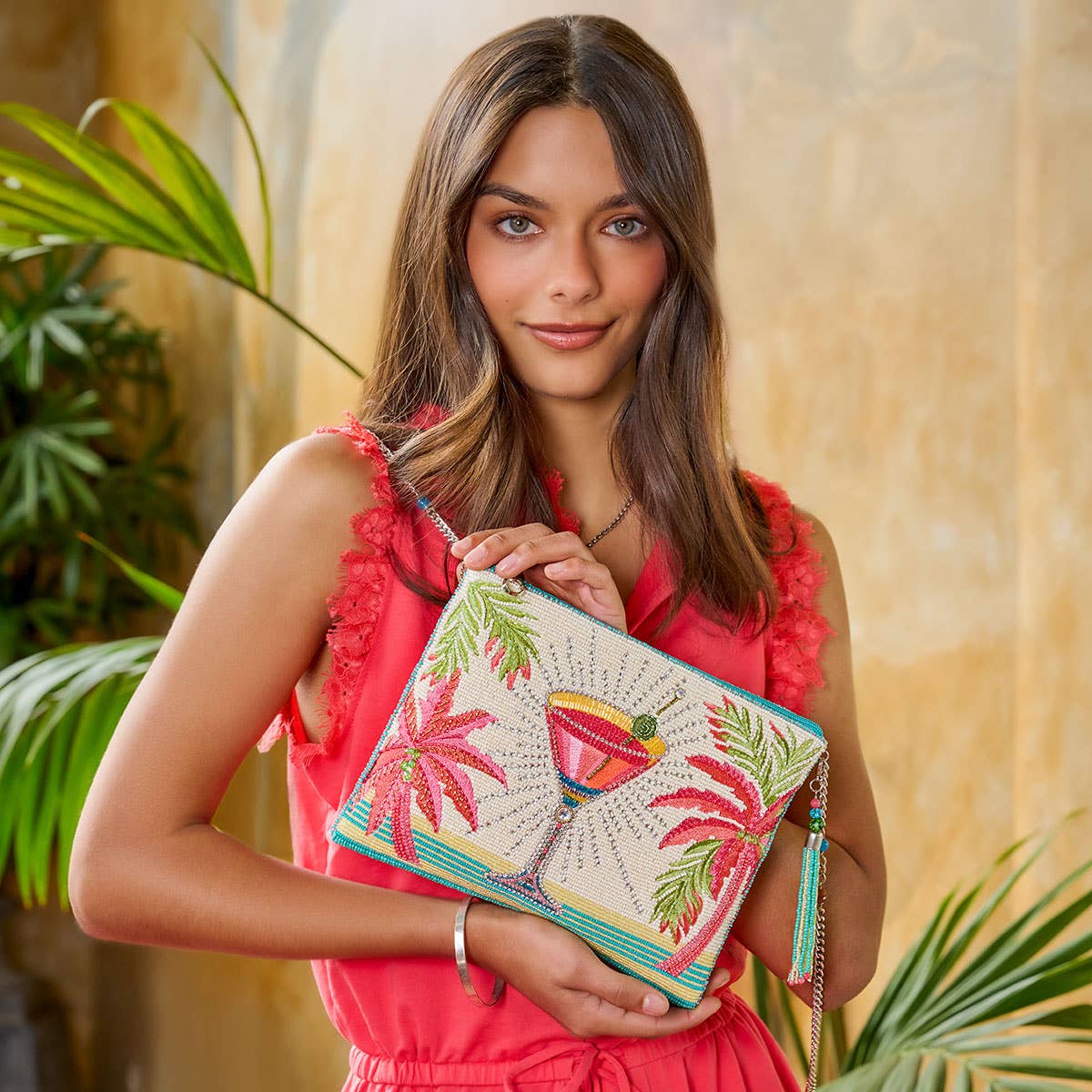 Palm Paradise Beaded Cocktail Crossbody Handbag