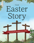 Book cover of 'The Easter Story' with crosses, a dove, and a rabbit against a blue sky.