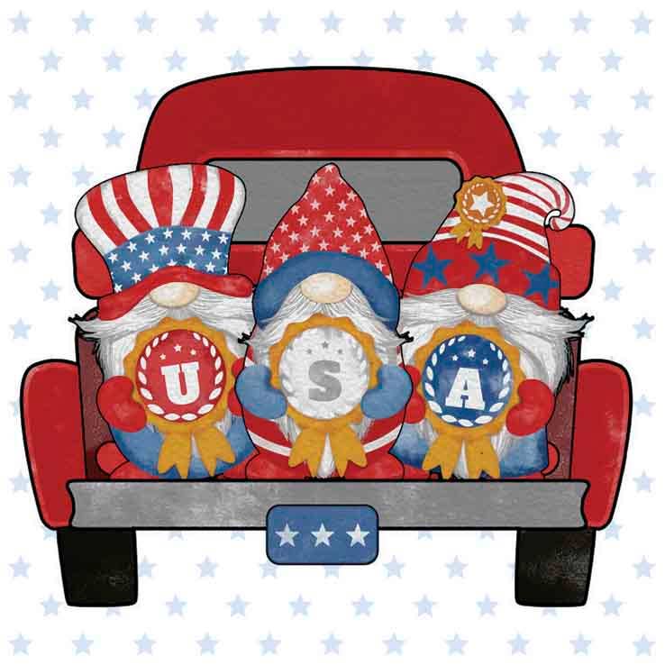 Three gnomes with American flag hats sitting in a red truck on a blue star background napkin