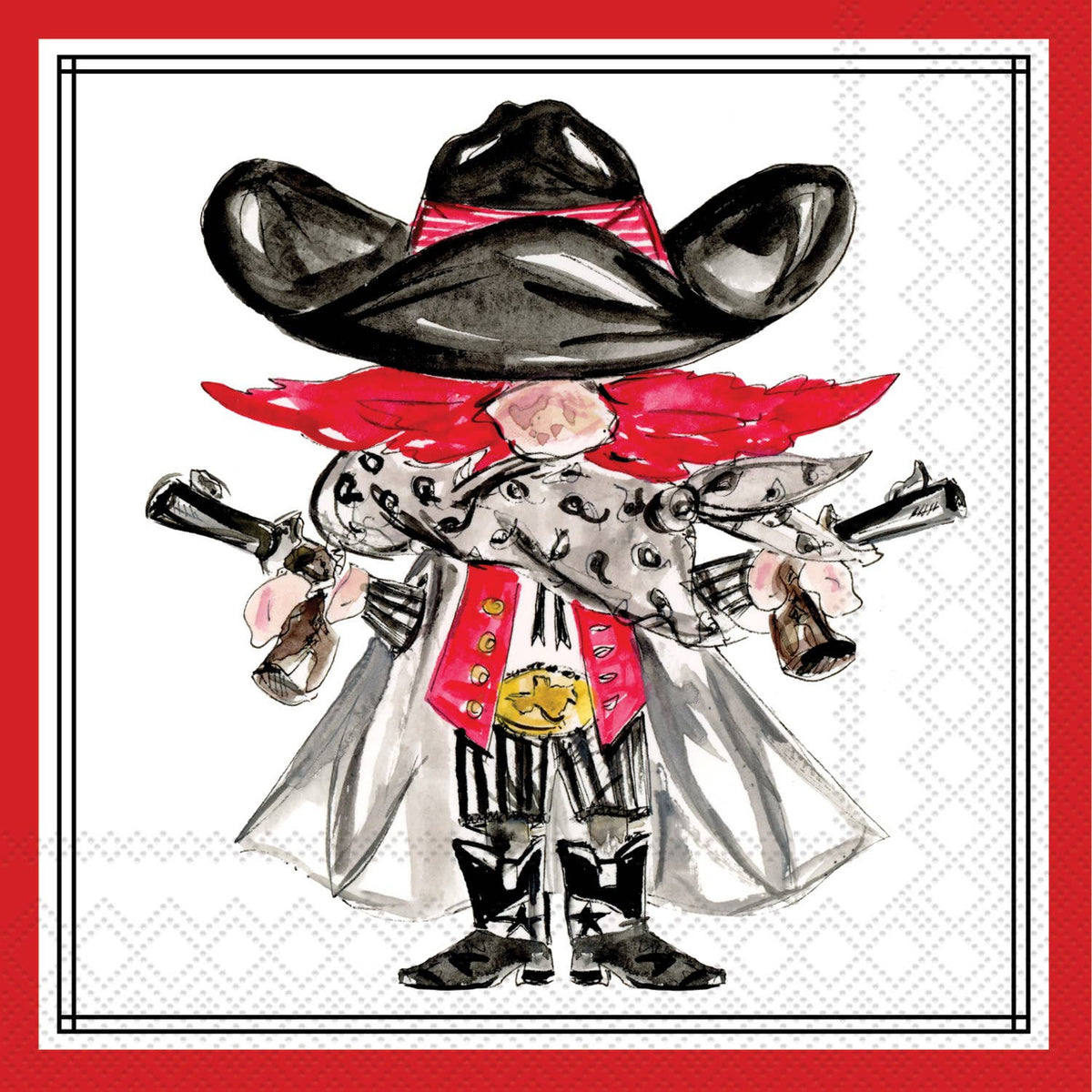 Red Raider character with a large hat and bandana on a red border Cocktail napkin