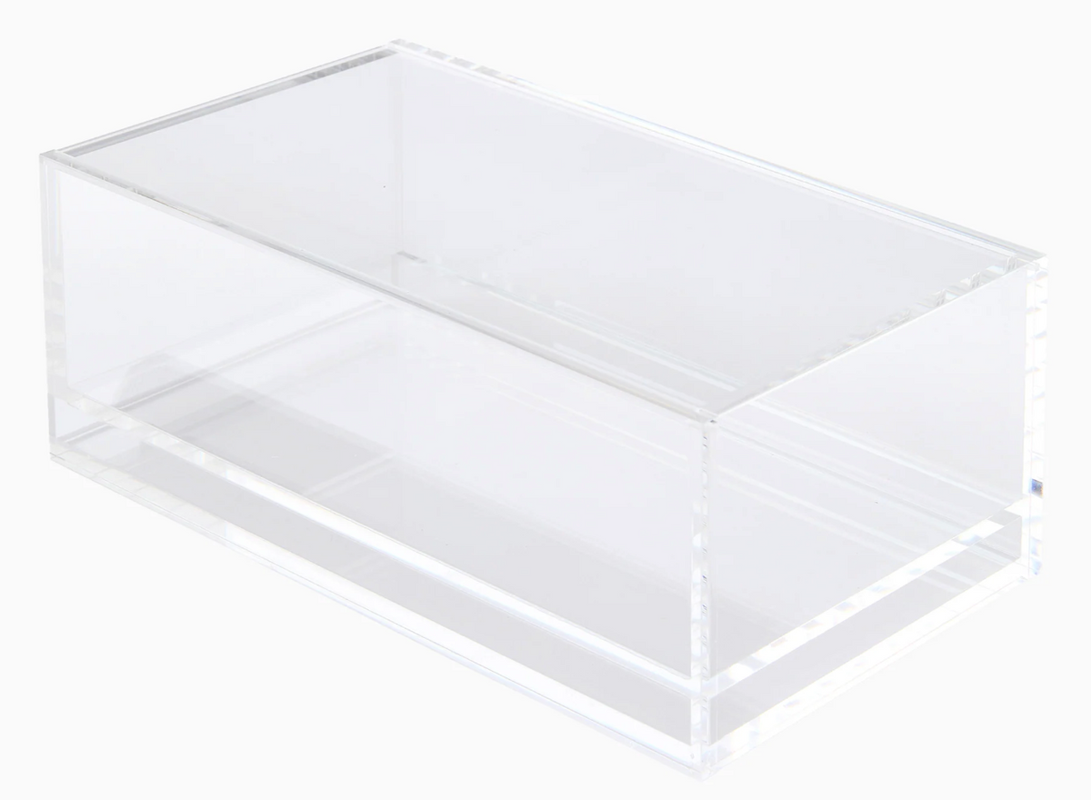 Clear acrylic display case on a white background