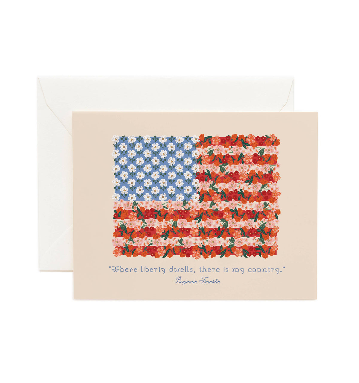 Card with floral American flag design and quote on a white background