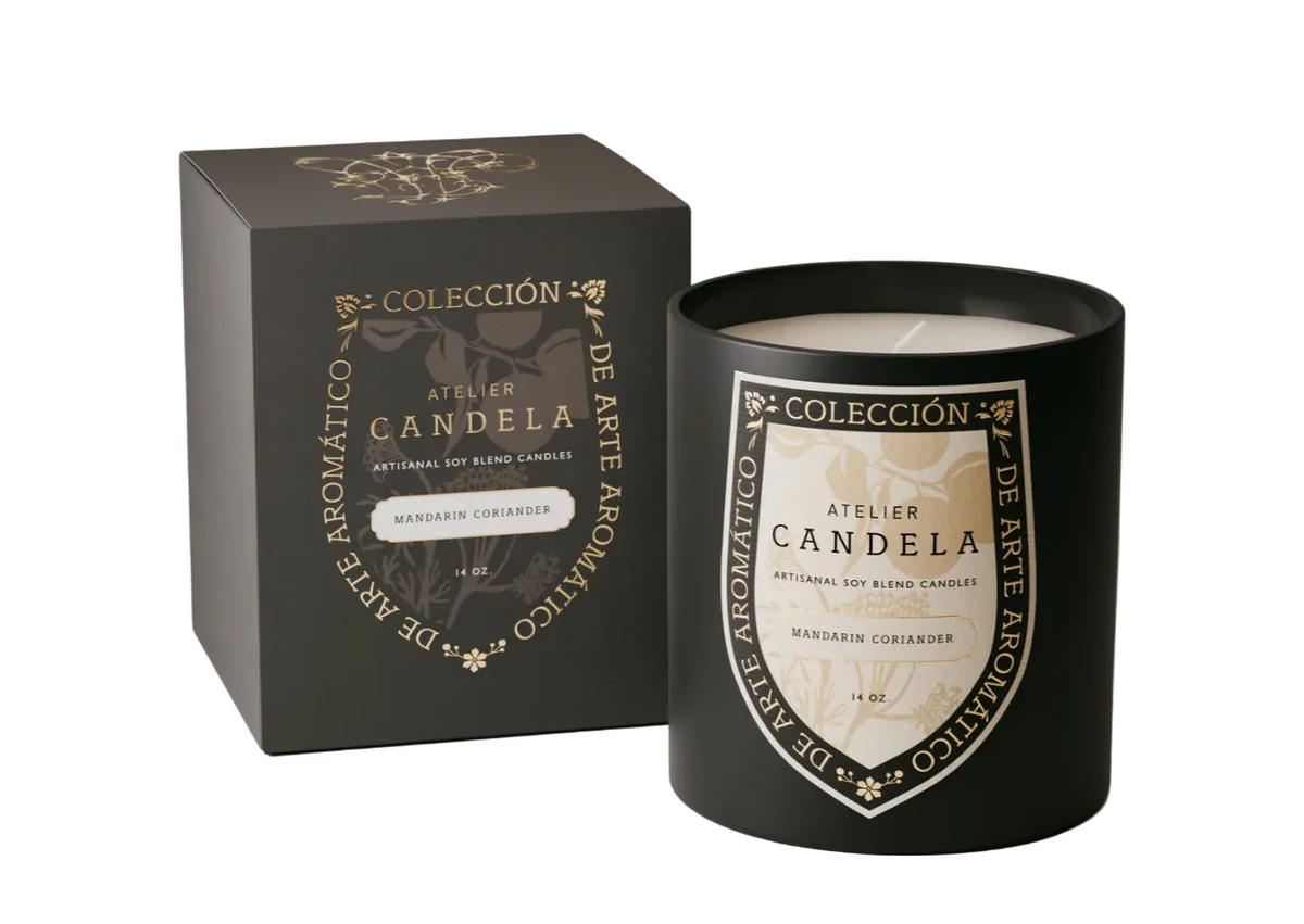 Atelier Candela- Mandarin Coriander candle on a white background