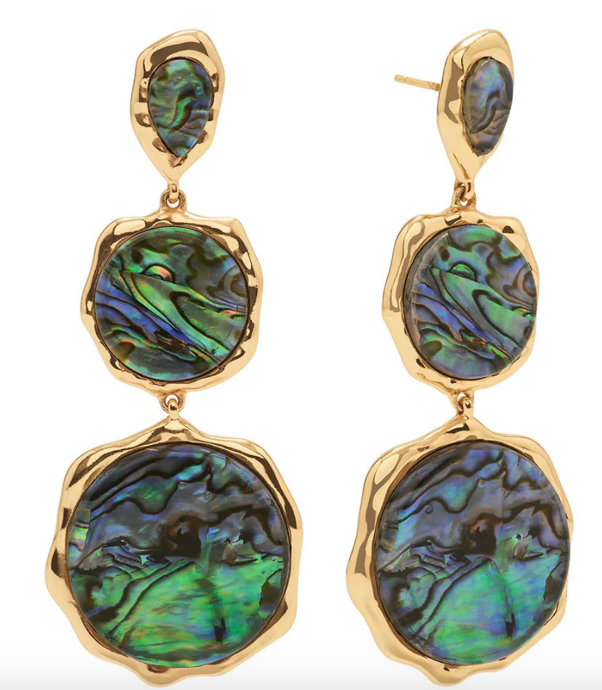 Gold earrings with green abalone shell stones on a white background