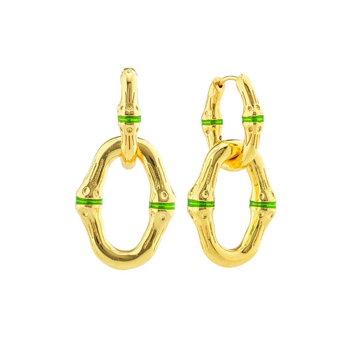 Gold hoop earrings with green accents on a white background