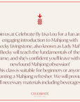 Promotional flyer for a Mahjong class at Celebrate By Lisa Lou, featuring a red pineapple icon and descriptive text on a light beige background with a thin red border.
