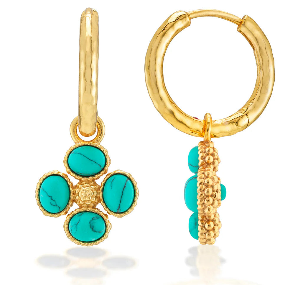 Gold hoop earrings with turquoise stones on a white background