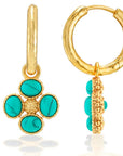 Gold hoop earrings with turquoise stones on a white background