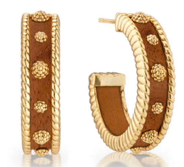 Teak and gold medium hoop earrings on a white background