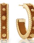 Teak and gold medium hoop earrings on a white background