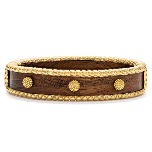A teak wood bracelet with golden berries and a threaded border.