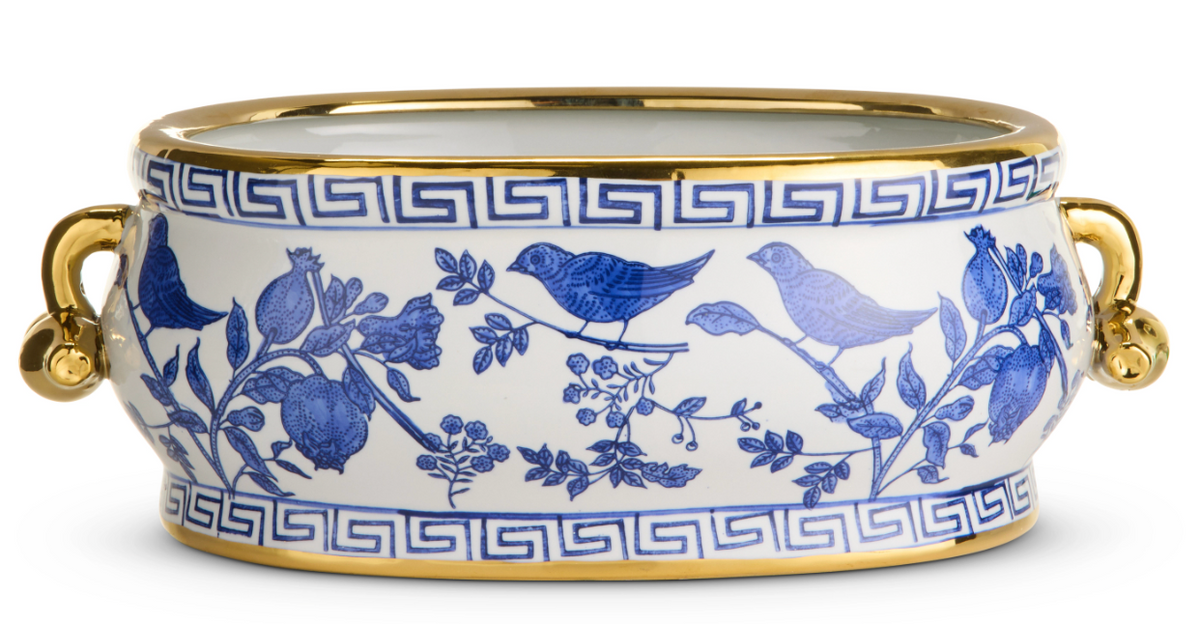 Blue and white planter with bird chinoiserie designs accented with gold on the top, bottom and handles