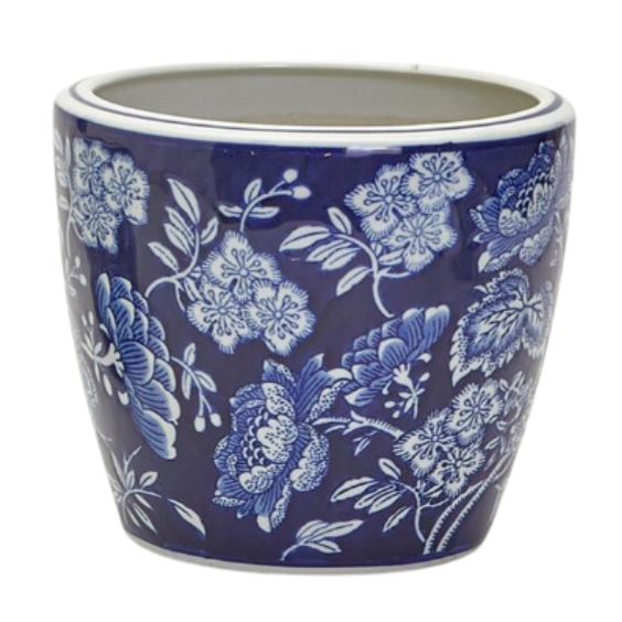 A large blue and white hand painted porcelain planter with a floral pattern.