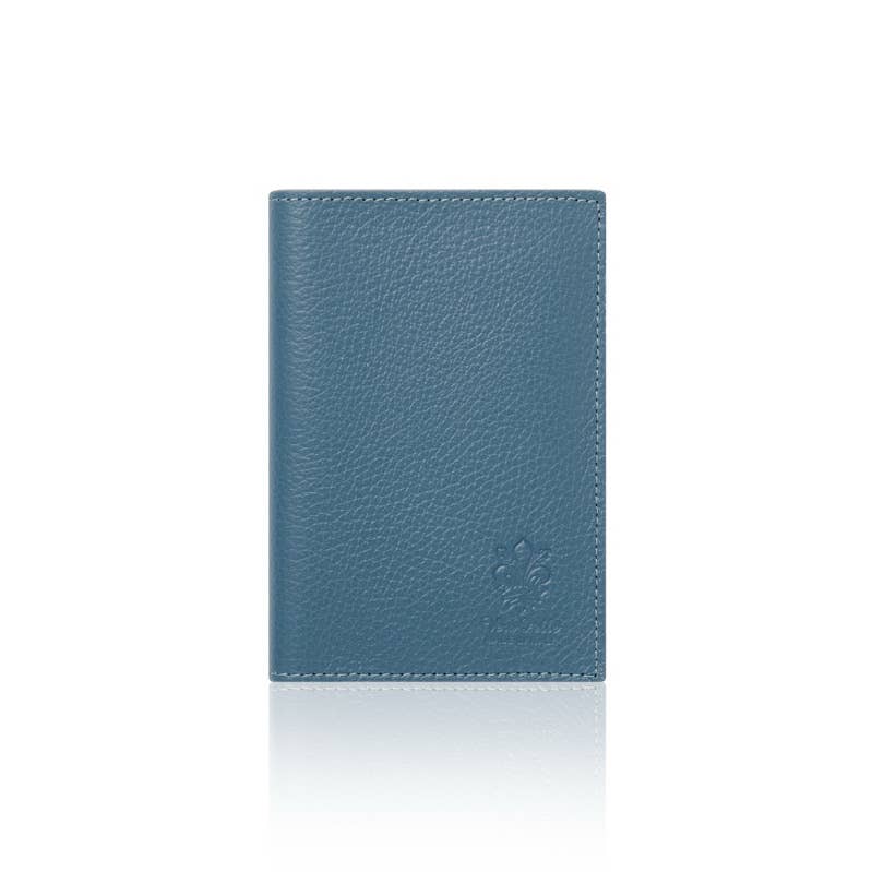 Blue leather passport cover on a white background