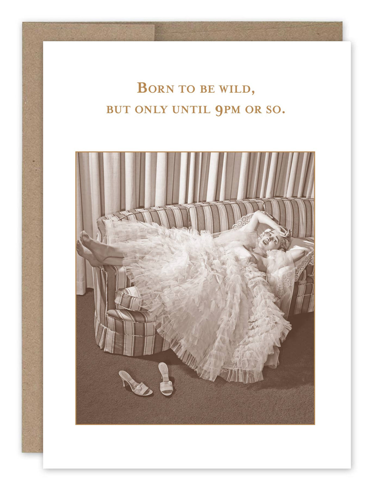A birthday card with a vintage photo of a woman lying on a couch, with text above her figure. The card has a beige border and is blank inside.