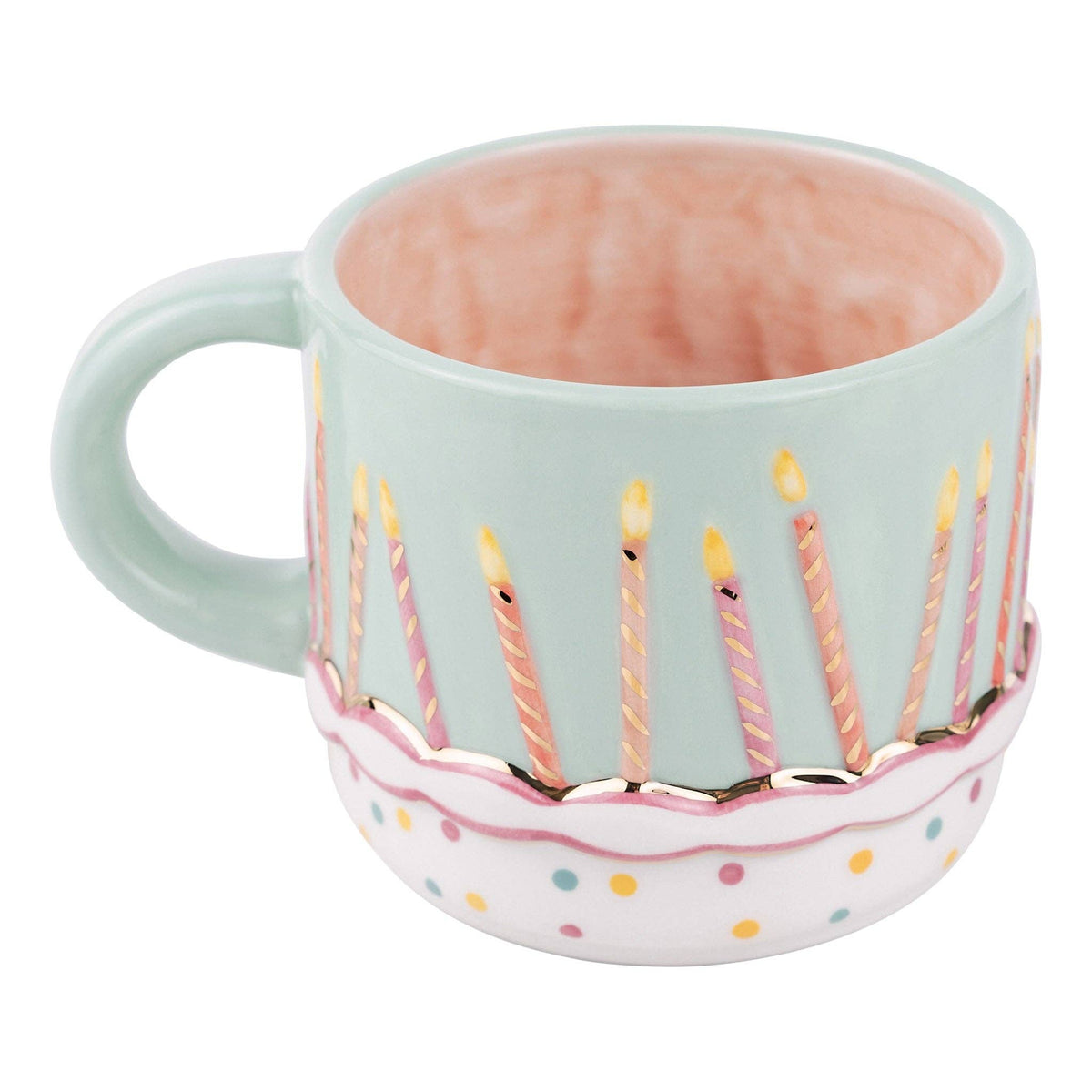 Mug with birthday cake design featuring candles and a pink interior on a white background