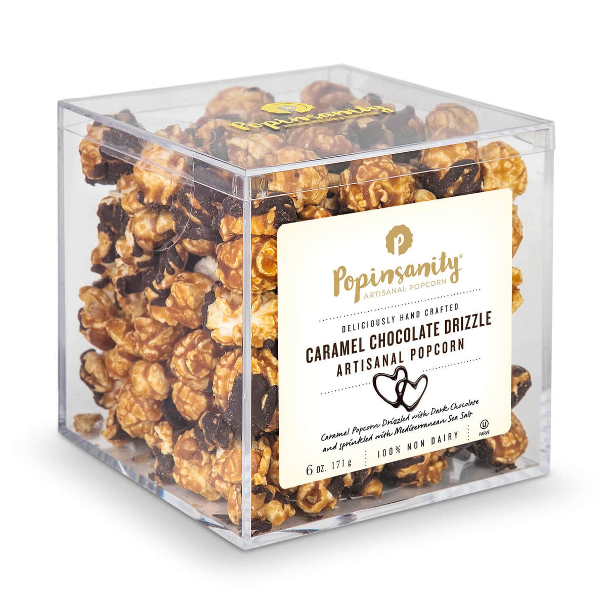 Caramel chocolate drizzle artisanal popcorn in a clear cube container with Popinsanity label.