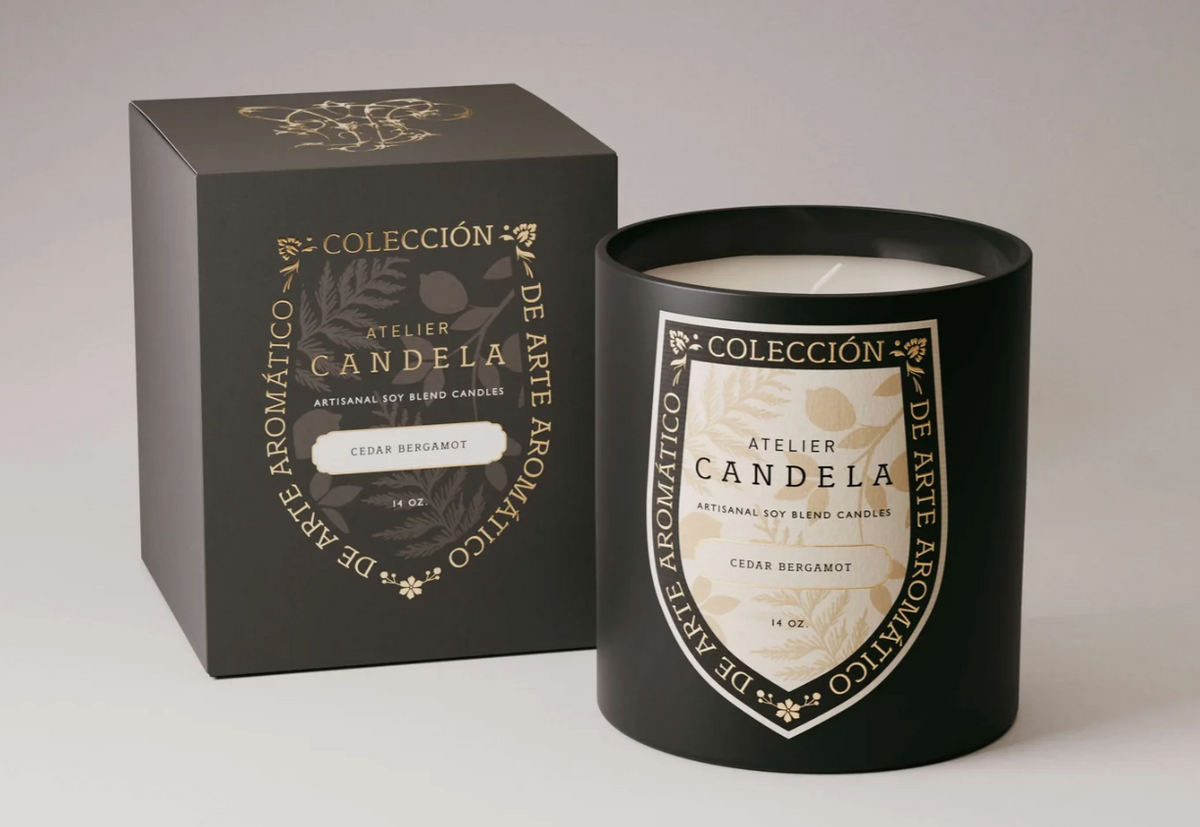 Atelier Candela Cedar Bergamot Candle in Black container and Black Box