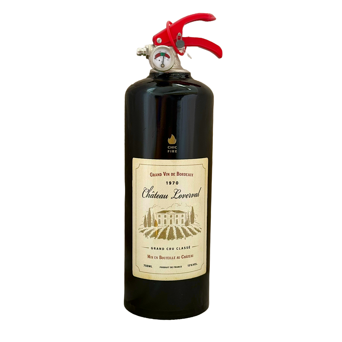 Château Léoville fire extinguisher on top against a white background