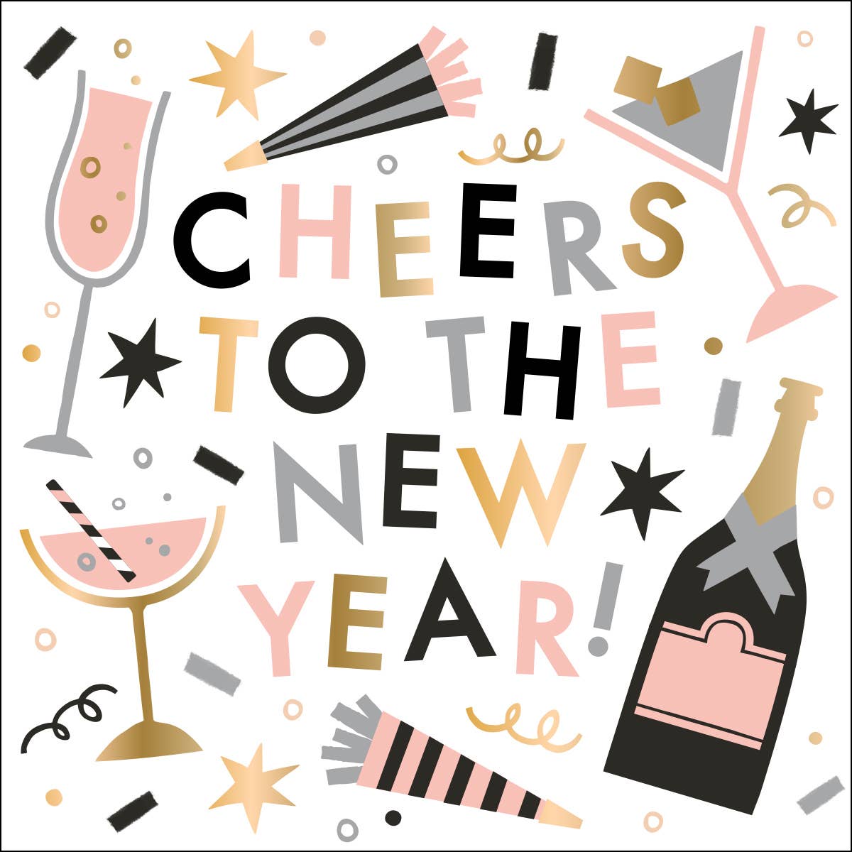 New Year's Eve celebration design with 'Cheers to the New Year' text and festive elements.