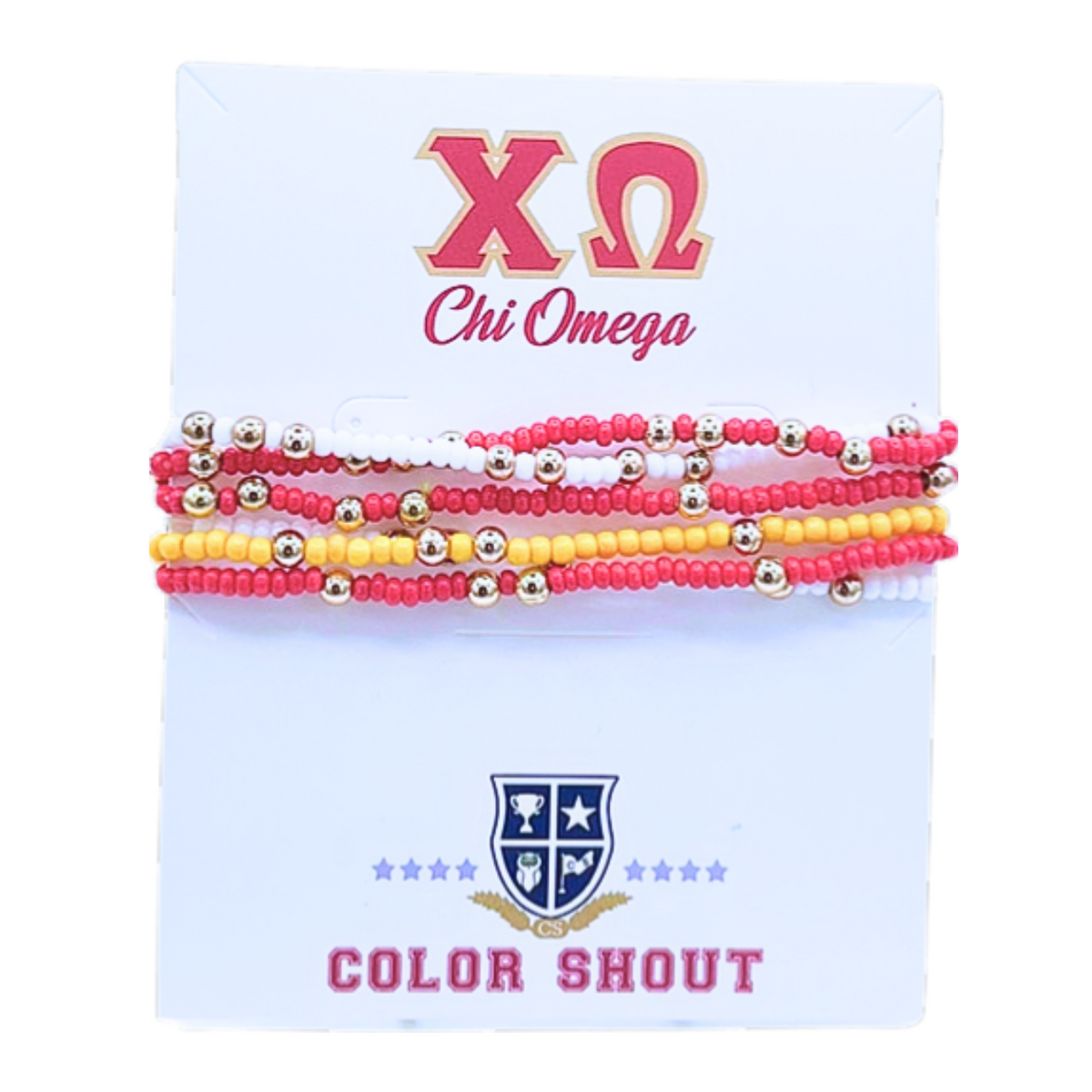 Set of red and yellow beaded bracelets on a card with Chi Omega logo