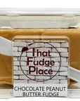That Fudge Place Chocolate Peanut Butter Fudge in plastic container with small white plastic knife enclosed