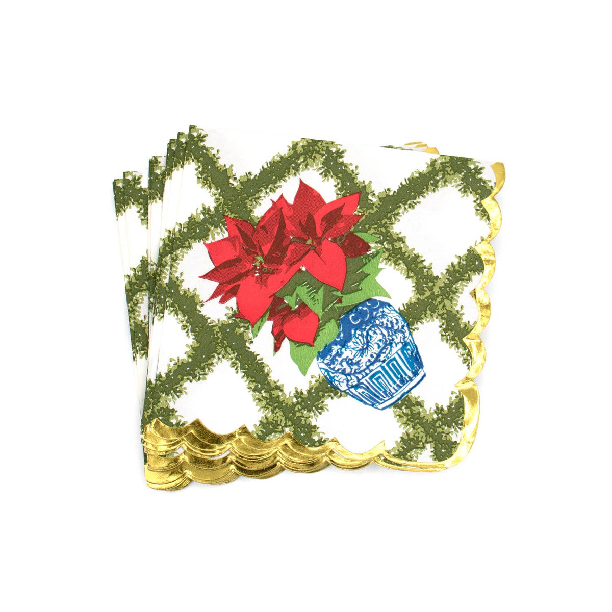A pack of paper beverage napkins featuring a poinsettias flower design with gold scalloped edges and a blue and white patterned border.